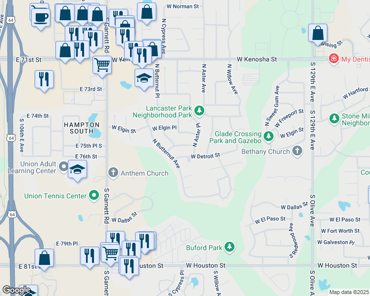 map of restaurants, bars, coffee shops, grocery stores, and more near 4412 West Detroit Street in Broken Arrow