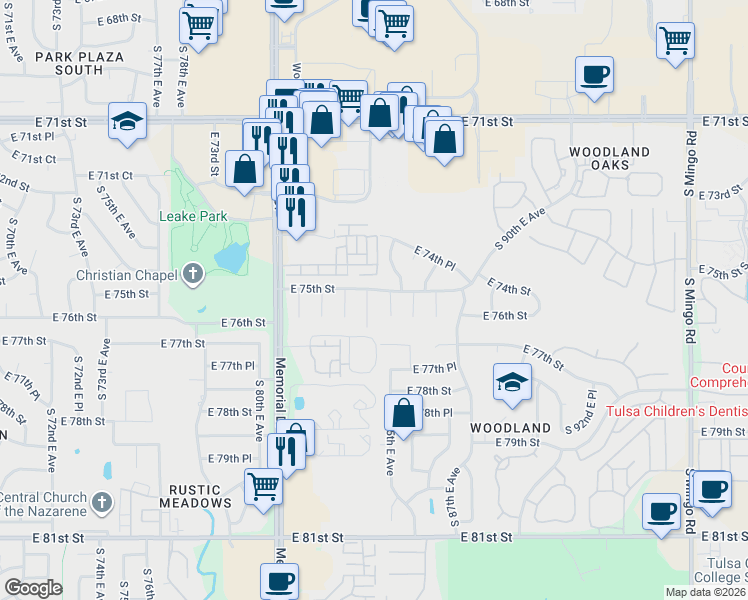 map of restaurants, bars, coffee shops, grocery stores, and more near 7524 South 85th East Place in Tulsa