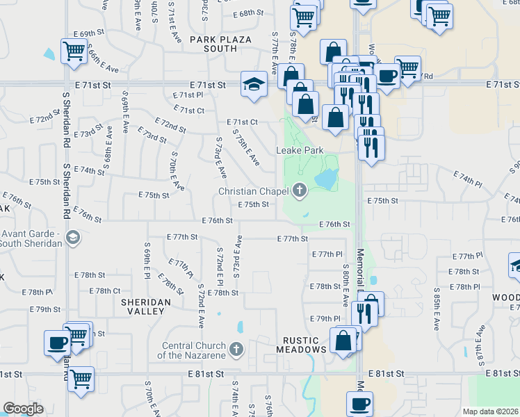 map of restaurants, bars, coffee shops, grocery stores, and more near 7352 East 76th Street in Tulsa