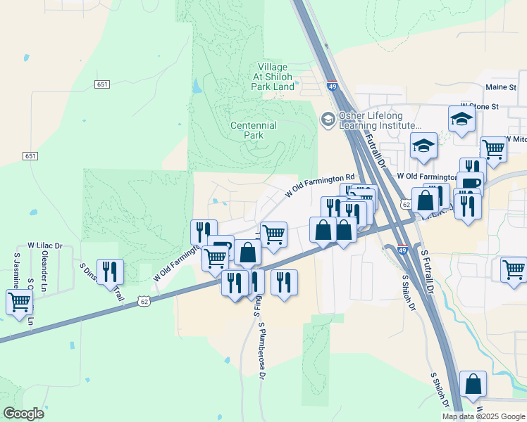 map of restaurants, bars, coffee shops, grocery stores, and more near 2970 West Old Farmington Road in Fayetteville