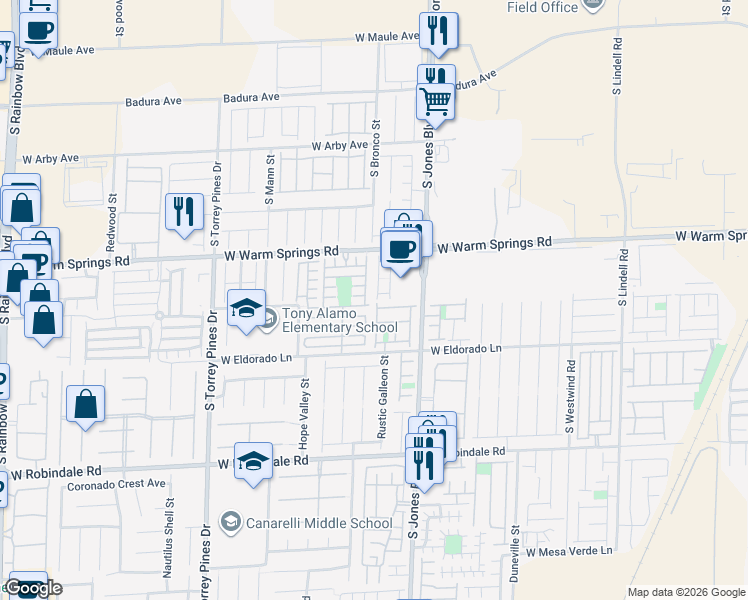 map of restaurants, bars, coffee shops, grocery stores, and more near 7431 Mariposa Grove Street in Las Vegas