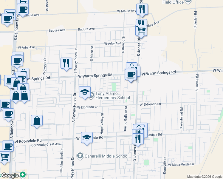 map of restaurants, bars, coffee shops, grocery stores, and more near 6251 Peneplain Avenue in Las Vegas