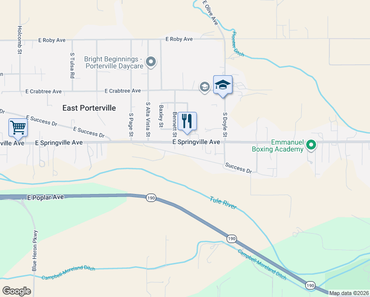 map of restaurants, bars, coffee shops, grocery stores, and more near 2215 East Springville Avenue in Porterville