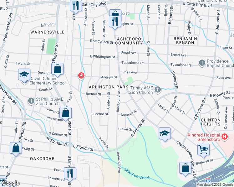 map of restaurants, bars, coffee shops, grocery stores, and more near 1304 Randolph Avenue in Greensboro