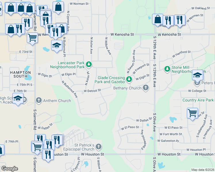 map of restaurants, bars, coffee shops, grocery stores, and more near 4204 West College Street in Broken Arrow
