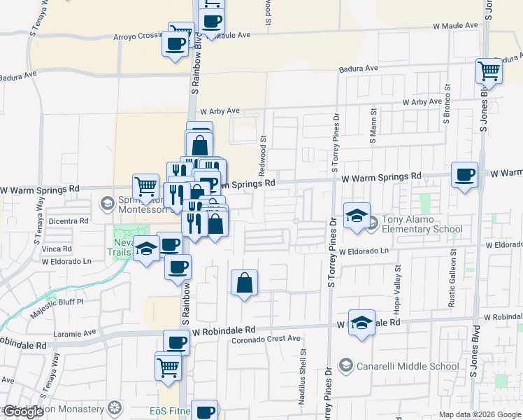 map of restaurants, bars, coffee shops, grocery stores, and more near 7369 Chrome Hill Street in Las Vegas