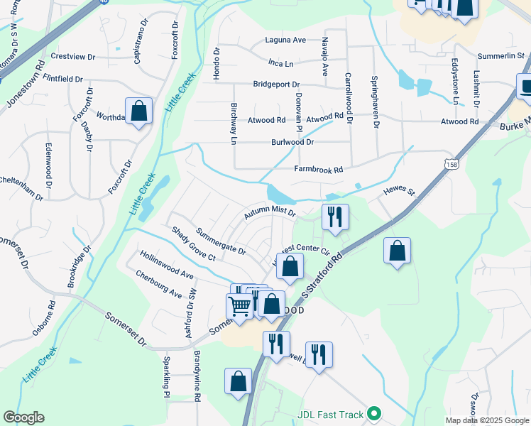 map of restaurants, bars, coffee shops, grocery stores, and more near 2357 Autumn Mist Drive in Winston-Salem