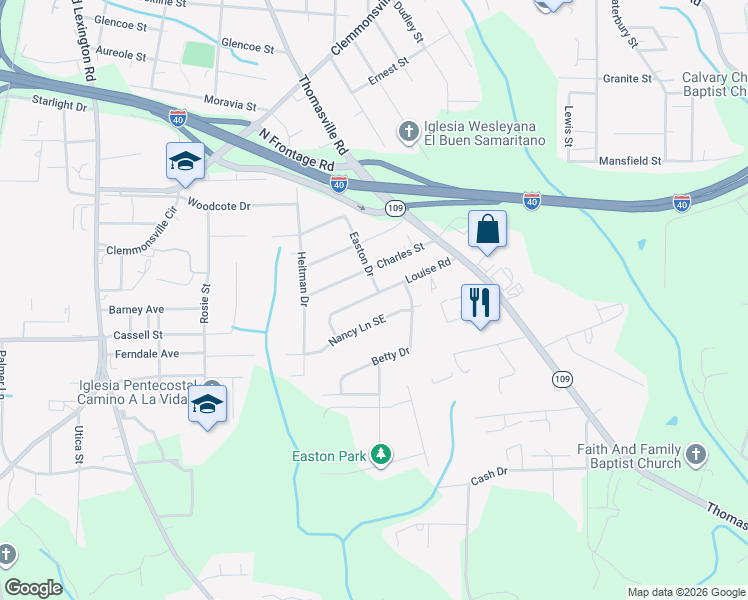 map of restaurants, bars, coffee shops, grocery stores, and more near 1023 Nancy Lane Southeast in Winston-Salem