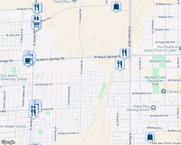 map of restaurants, bars, coffee shops, grocery stores, and more near 5389 Encino Springs Avenue in Las Vegas