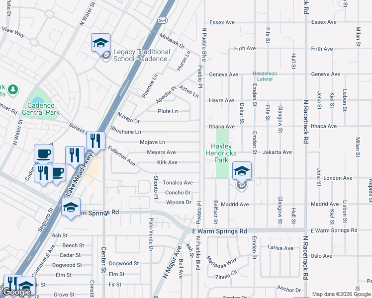 map of restaurants, bars, coffee shops, grocery stores, and more near 245 Kirk Avenue in Henderson