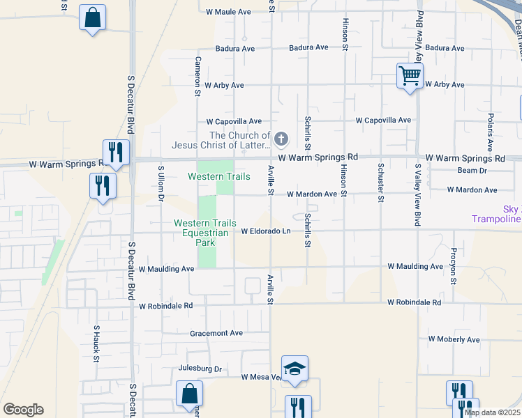 map of restaurants, bars, coffee shops, grocery stores, and more near 7441 Arville Street in Las Vegas