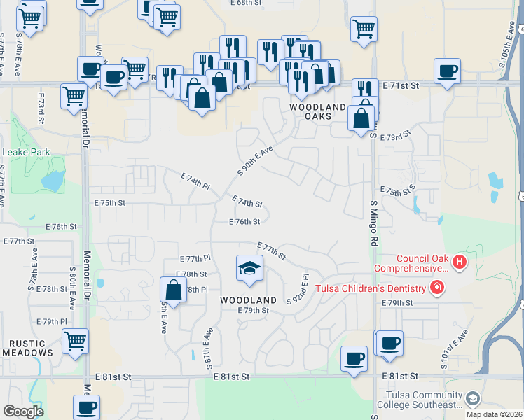 map of restaurants, bars, coffee shops, grocery stores, and more near 8934 East 76th Street in Tulsa