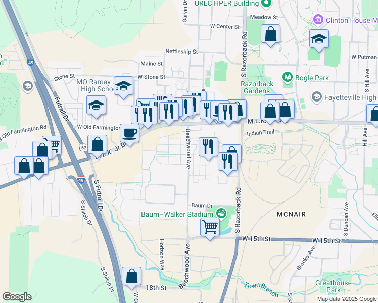 map of restaurants, bars, coffee shops, grocery stores, and more near 900 Beechwood Avenue in Fayetteville