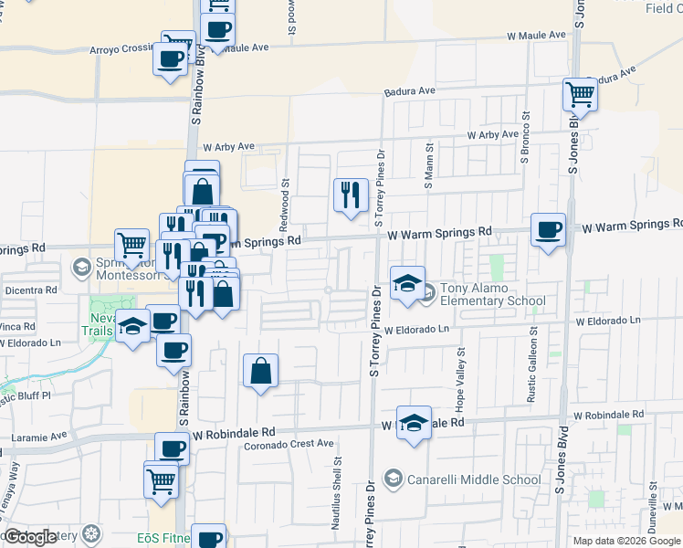 map of restaurants, bars, coffee shops, grocery stores, and more near 7368 Padleymor Street in Las Vegas