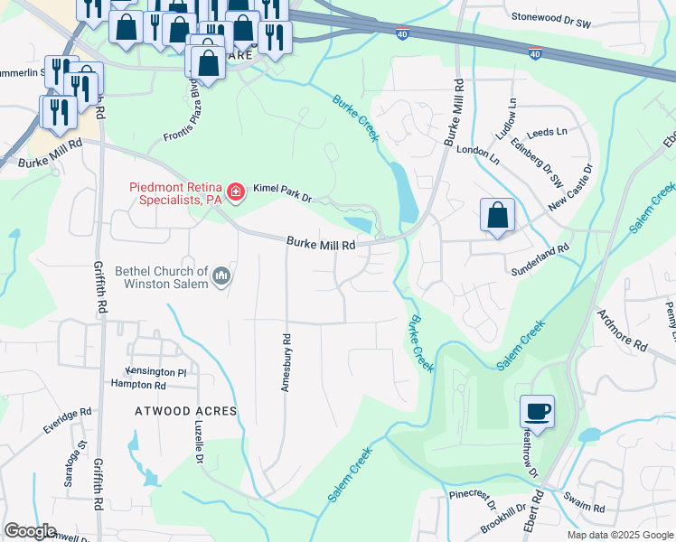 map of restaurants, bars, coffee shops, grocery stores, and more near 2417 Windmere Drive in Winston-Salem