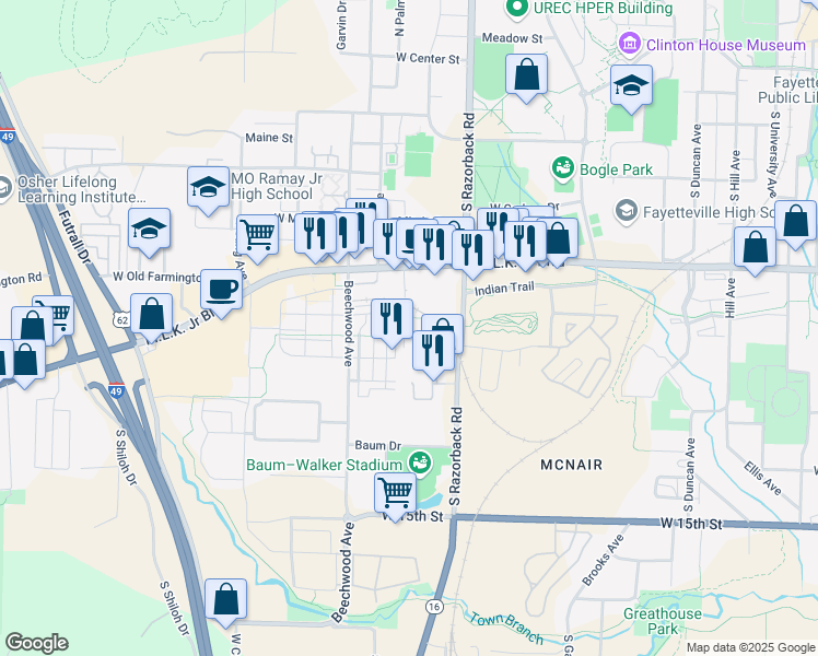 map of restaurants, bars, coffee shops, grocery stores, and more near 844 South Arbuckle Lane in Fayetteville