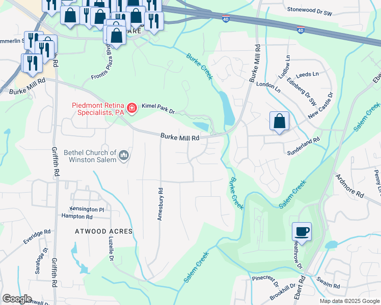 map of restaurants, bars, coffee shops, grocery stores, and more near 2417 Windmere Drive in Winston-Salem