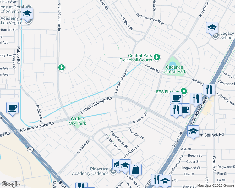 map of restaurants, bars, coffee shops, grocery stores, and more near 326 Cadence Vista Drive in Henderson