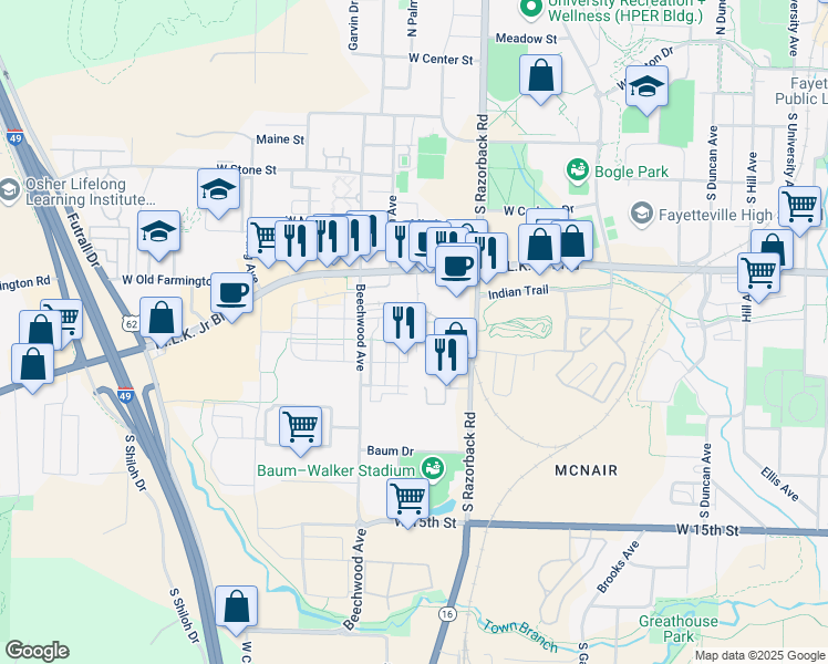 map of restaurants, bars, coffee shops, grocery stores, and more near 867 South Arbuckle Lane in Fayetteville