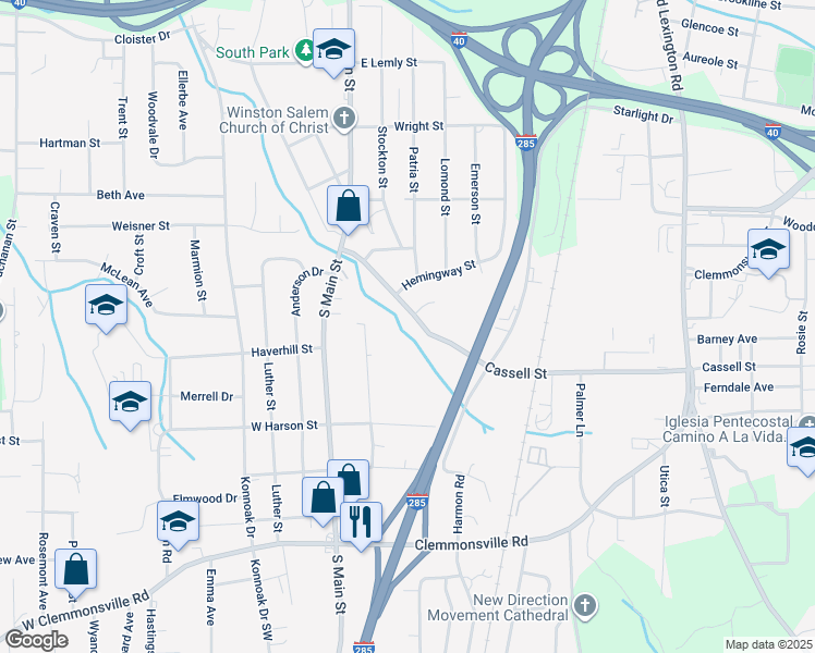 map of restaurants, bars, coffee shops, grocery stores, and more near 200 Cassell Street in Winston-Salem