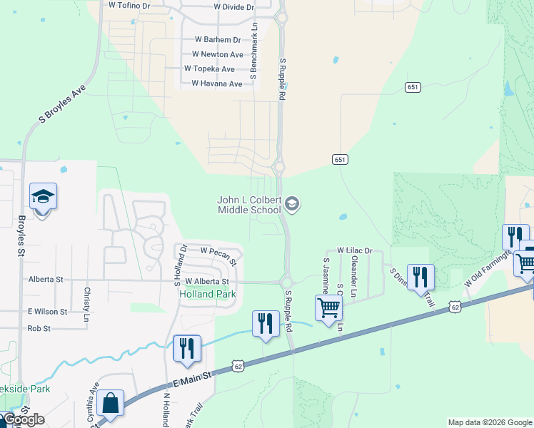 map of restaurants, bars, coffee shops, grocery stores, and more near 4338 West Cottage Street in Fayetteville