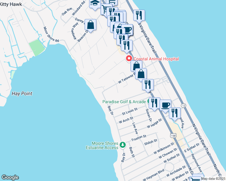 map of restaurants, bars, coffee shops, grocery stores, and more near 3515 Bay Drive in Kitty Hawk