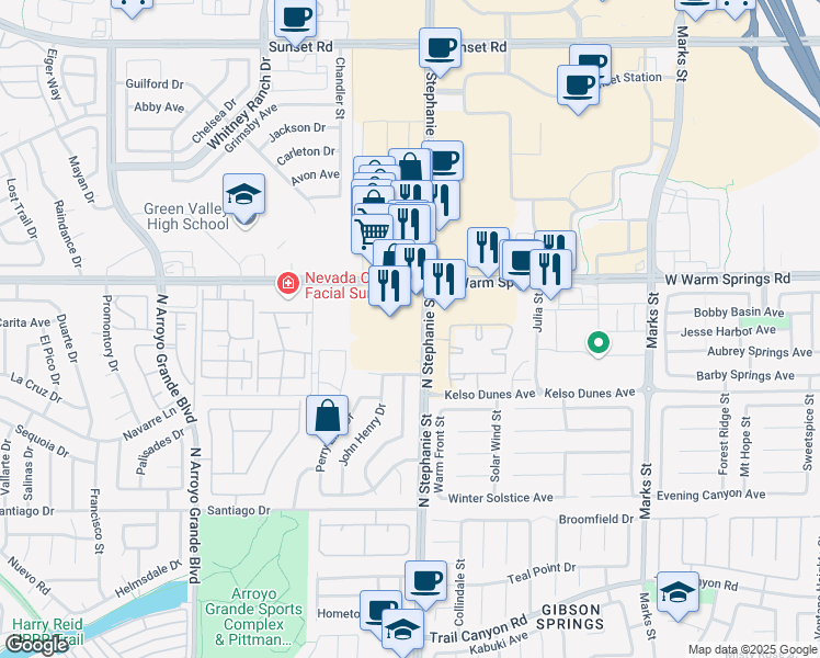 map of restaurants, bars, coffee shops, grocery stores, and more near 375 North Stephanie Street in Henderson