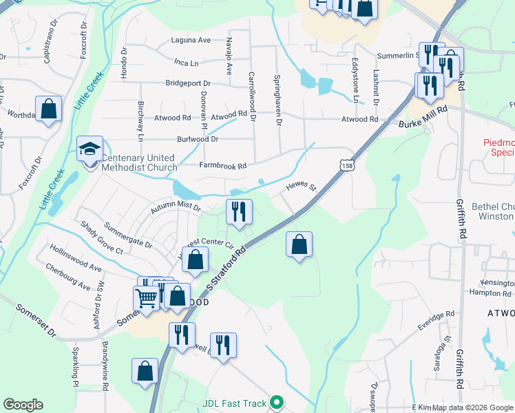 map of restaurants, bars, coffee shops, grocery stores, and more near 2430 South Stratford Road in Winston Salem