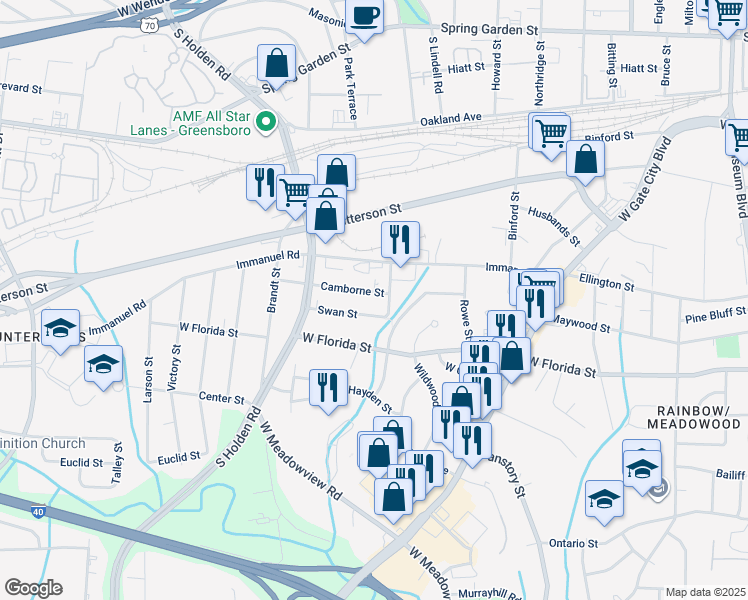 map of restaurants, bars, coffee shops, grocery stores, and more near 2807 Camborne Street in Greensboro