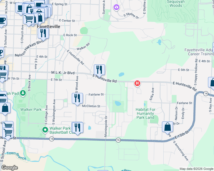 map of restaurants, bars, coffee shops, grocery stores, and more near 821 Morningside Drive in Fayetteville