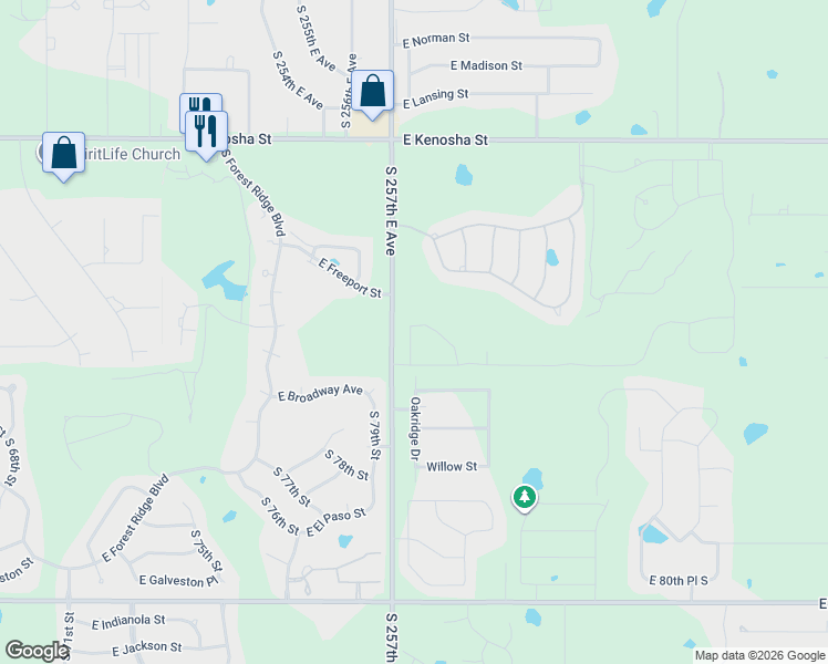 map of restaurants, bars, coffee shops, grocery stores, and more near 7550 Oakridge Drive in Broken Arrow