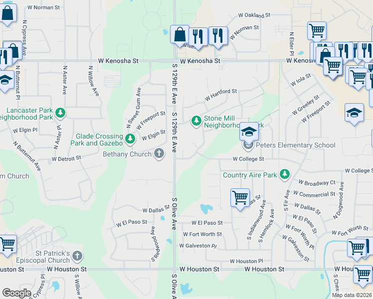 map of restaurants, bars, coffee shops, grocery stores, and more near 3425 West College Street in Broken Arrow