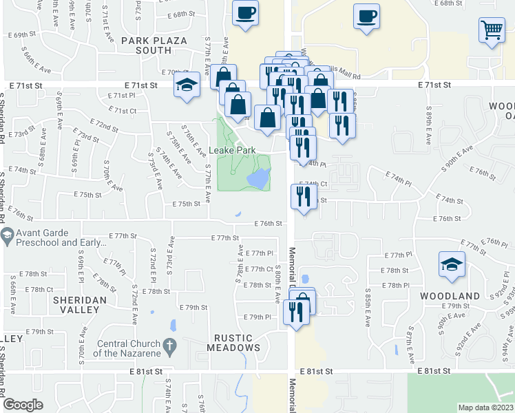 map of restaurants, bars, coffee shops, grocery stores, and more near 7821 East 76th Street in Tulsa