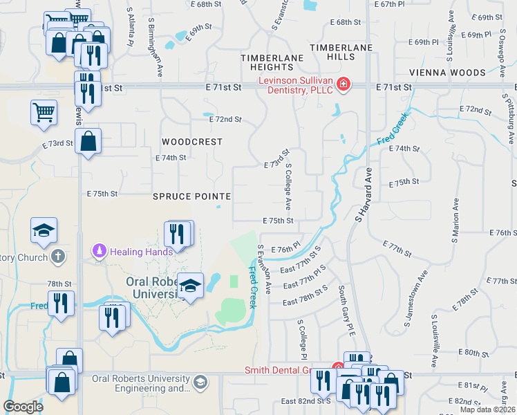 map of restaurants, bars, coffee shops, grocery stores, and more near 2934 East 75th Court in Tulsa
