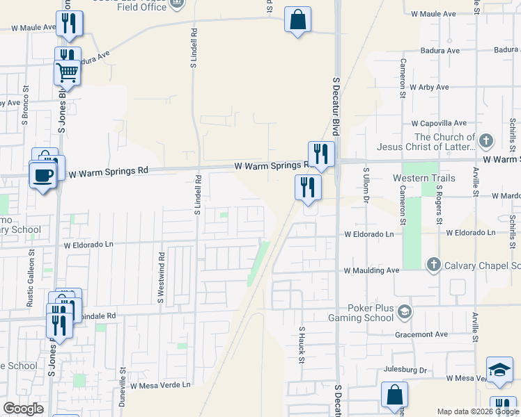 map of restaurants, bars, coffee shops, grocery stores, and more near 7416 Barranca Peak Court in Las Vegas