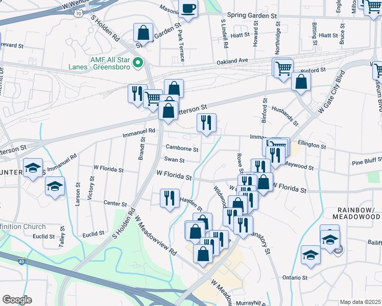 map of restaurants, bars, coffee shops, grocery stores, and more near 2809 Camborne Street in Greensboro