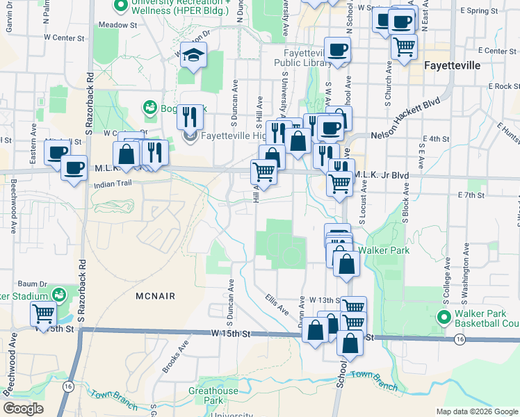 map of restaurants, bars, coffee shops, grocery stores, and more near 898 South Hill Avenue in Fayetteville
