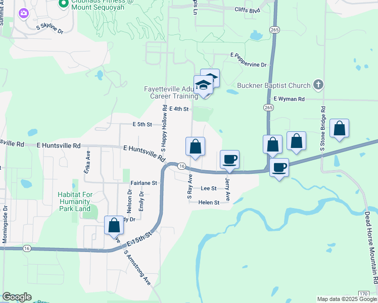 map of restaurants, bars, coffee shops, grocery stores, and more near 725 Ray Avenue in Fayetteville