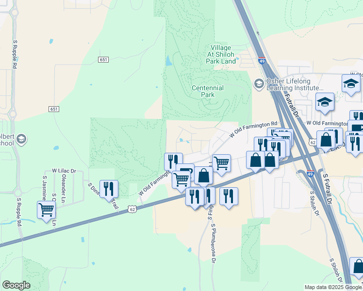 map of restaurants, bars, coffee shops, grocery stores, and more near 3220 West Old Farmington Road in Fayetteville