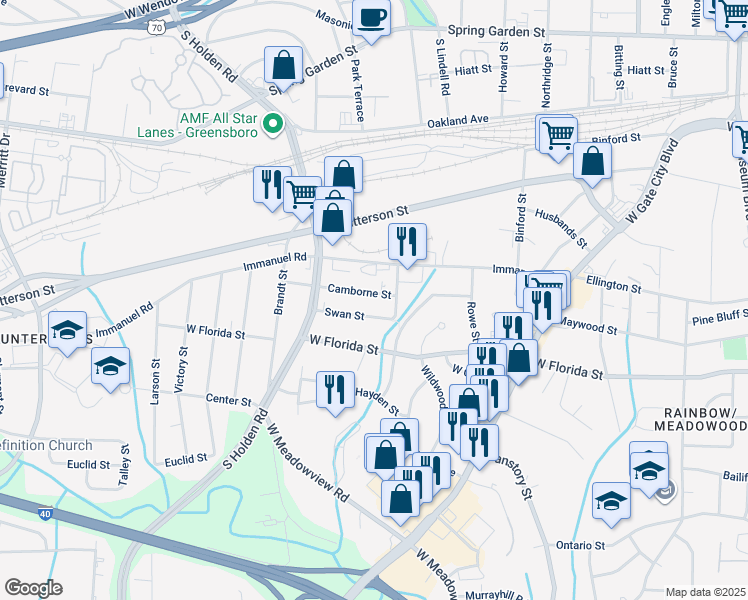 map of restaurants, bars, coffee shops, grocery stores, and more near 2811 Camborne Street in Greensboro