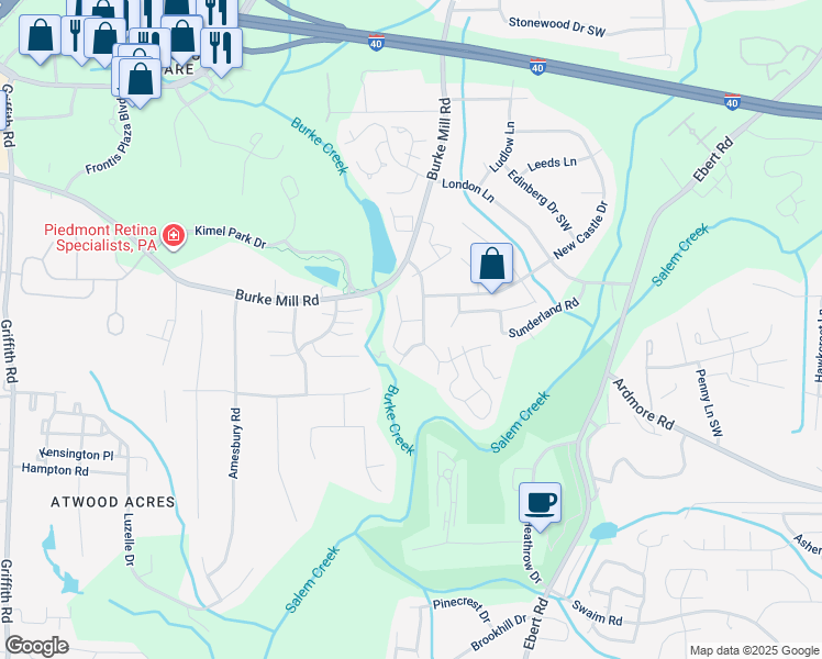 map of restaurants, bars, coffee shops, grocery stores, and more near 321 Quietwood Drive in Winston-Salem