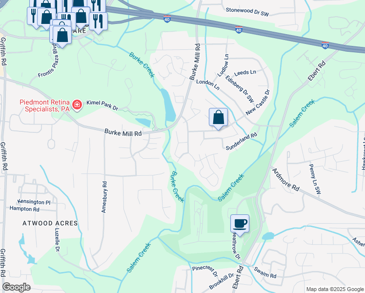 map of restaurants, bars, coffee shops, grocery stores, and more near 321 Quietwood Drive in Winston-Salem