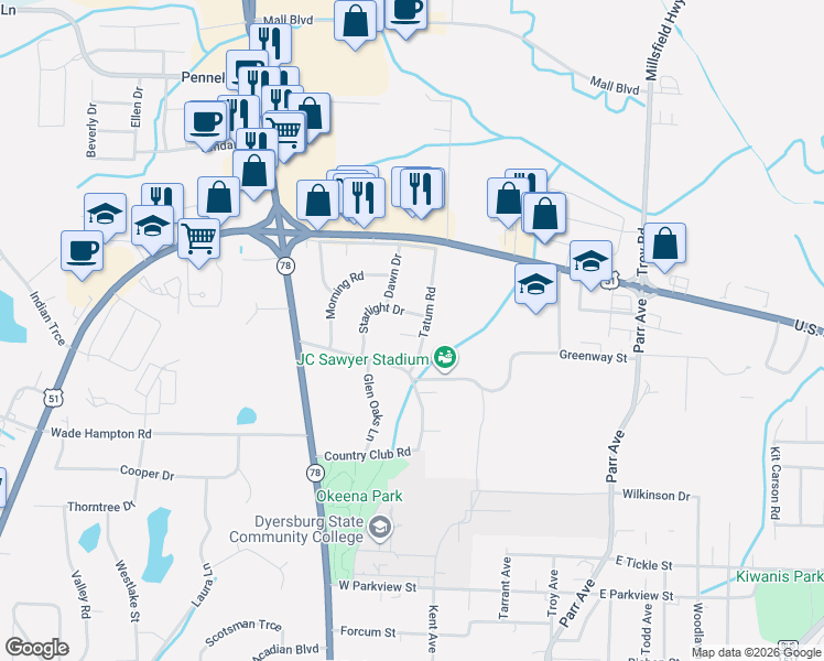 map of restaurants, bars, coffee shops, grocery stores, and more near 2201 Tatum Road in Dyersburg
