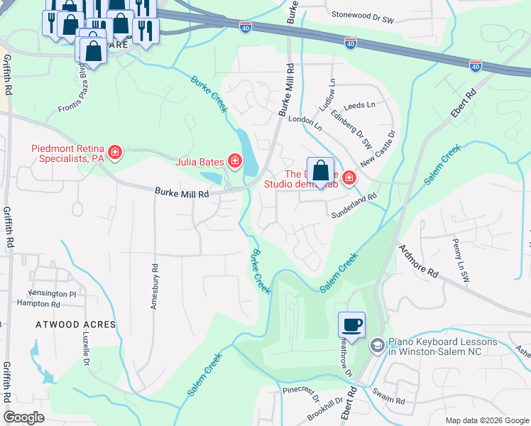 map of restaurants, bars, coffee shops, grocery stores, and more near 112 Rivertree Lane in Winston-Salem