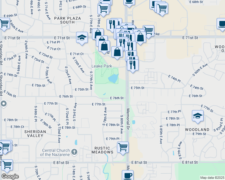 map of restaurants, bars, coffee shops, grocery stores, and more near 7821 East 76th Street in Tulsa