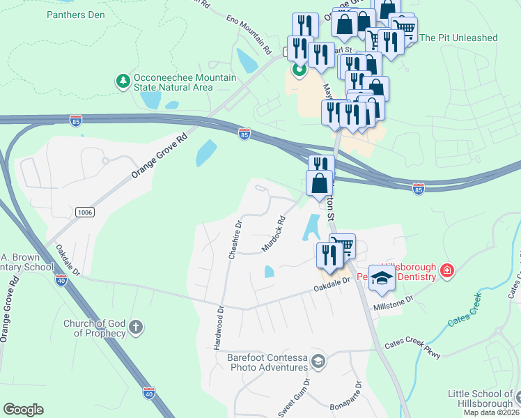map of restaurants, bars, coffee shops, grocery stores, and more near 200 Cheshire Drive in Hillsborough
