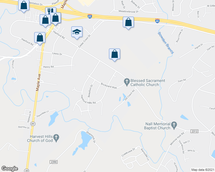 map of restaurants, bars, coffee shops, grocery stores, and more near 1401 Brickyard Way in Graham