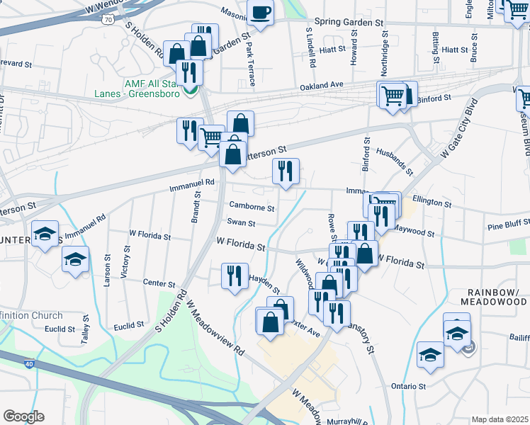 map of restaurants, bars, coffee shops, grocery stores, and more near 2809 Camborne Street in Greensboro