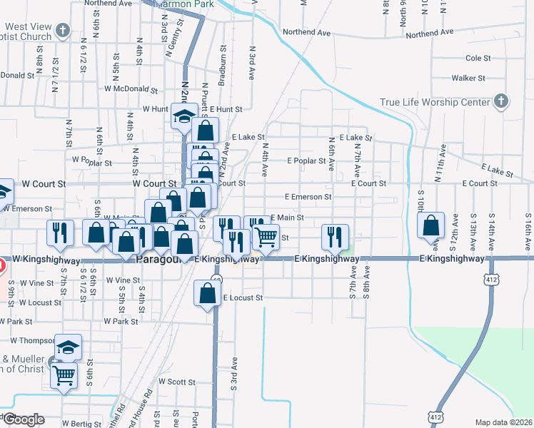map of restaurants, bars, coffee shops, grocery stores, and more near 312 East Emerson Street in Paragould