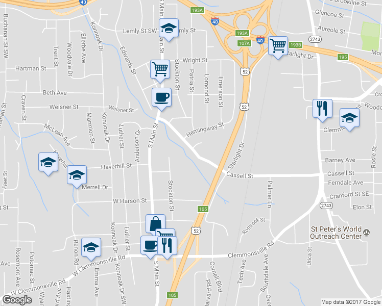 map of restaurants, bars, coffee shops, grocery stores, and more near 200 Cassell Street in Winston-Salem